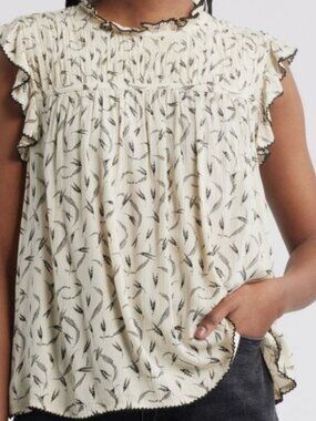 Treasure & Bond Shirred Ruffle Sleeve Top Size Med Black Grassy NWT